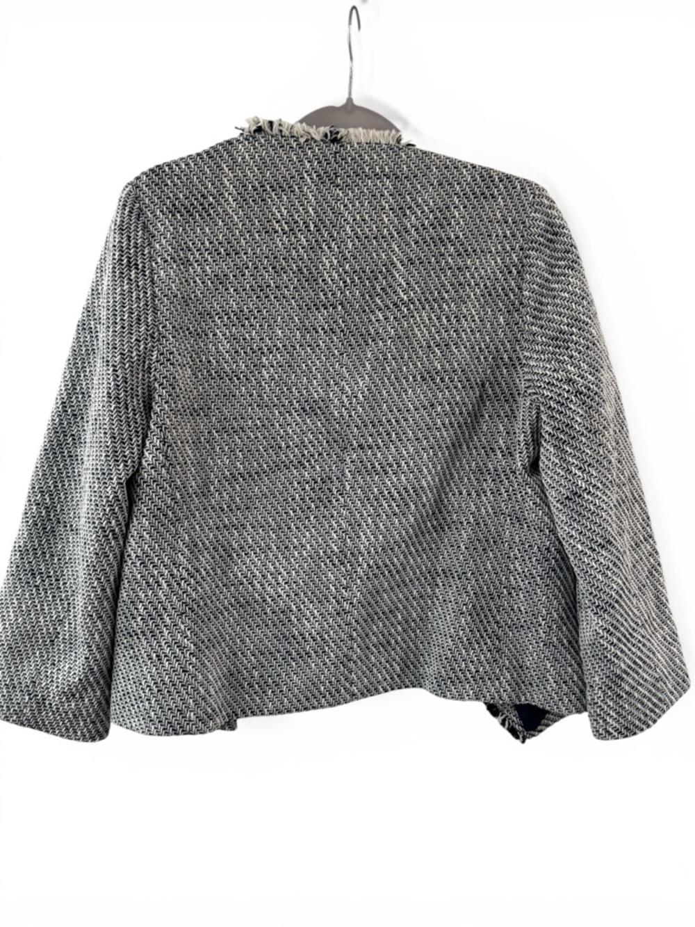 Karl Lagerfeld Paris Womens Tweed Fringe Open Front Jacket Navy White Size M - Picture 2 of 5